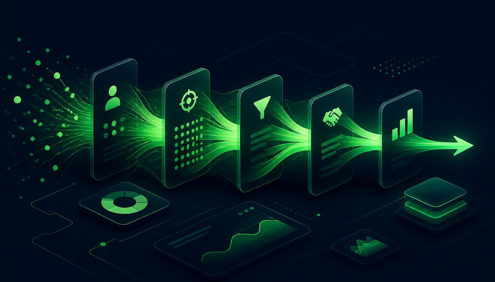 Illustration of a sales pipeline rendered as glowing data ribbons